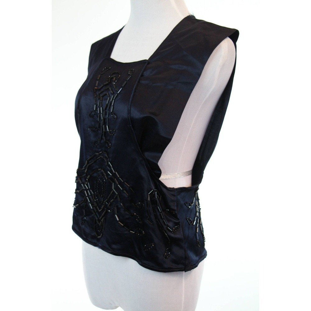 Antique Edwardian Blouse Shirt Top Black Silk Sequin Beaded Size S XS